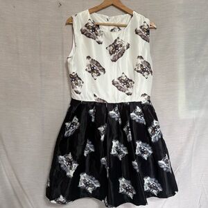 Black & White Cat Print Fit & Flare Dress NWOT